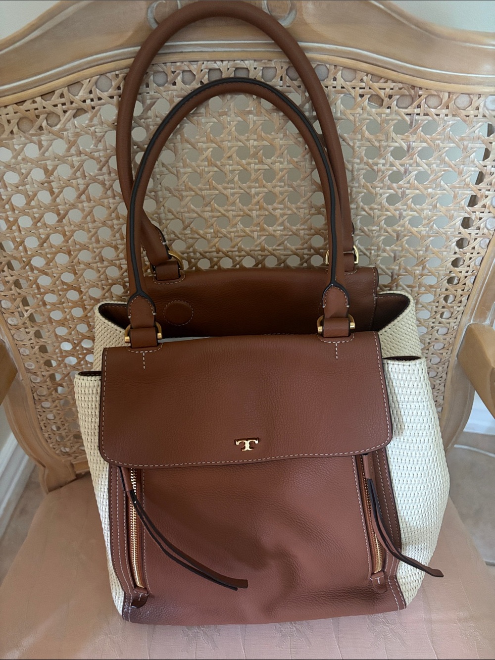 Tory Burch Brown Leather and Cream Woven Tote